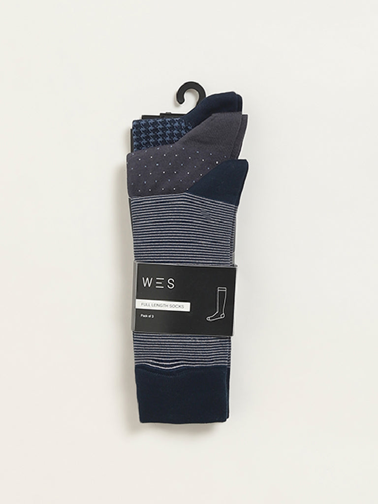 WES Lounge Multicolour Printed Cotton-Blend Full Length Socks - Pack of 3 - Image 3