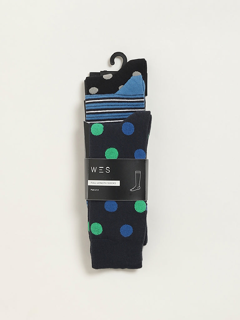 WES Lounge Multicolour Printed Cotton-Blend Full Length Socks - Pack of 3 - Image 3