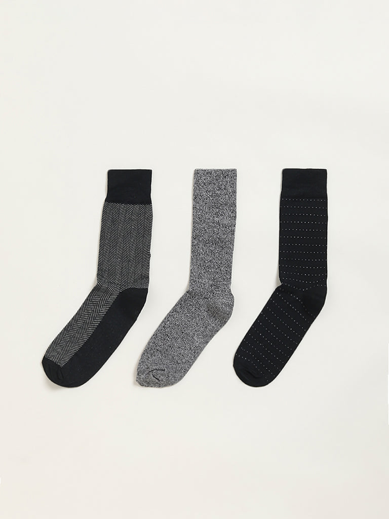 WES Lounge Black Printed Cotton-Blend Full Length Socks - Pack of 3