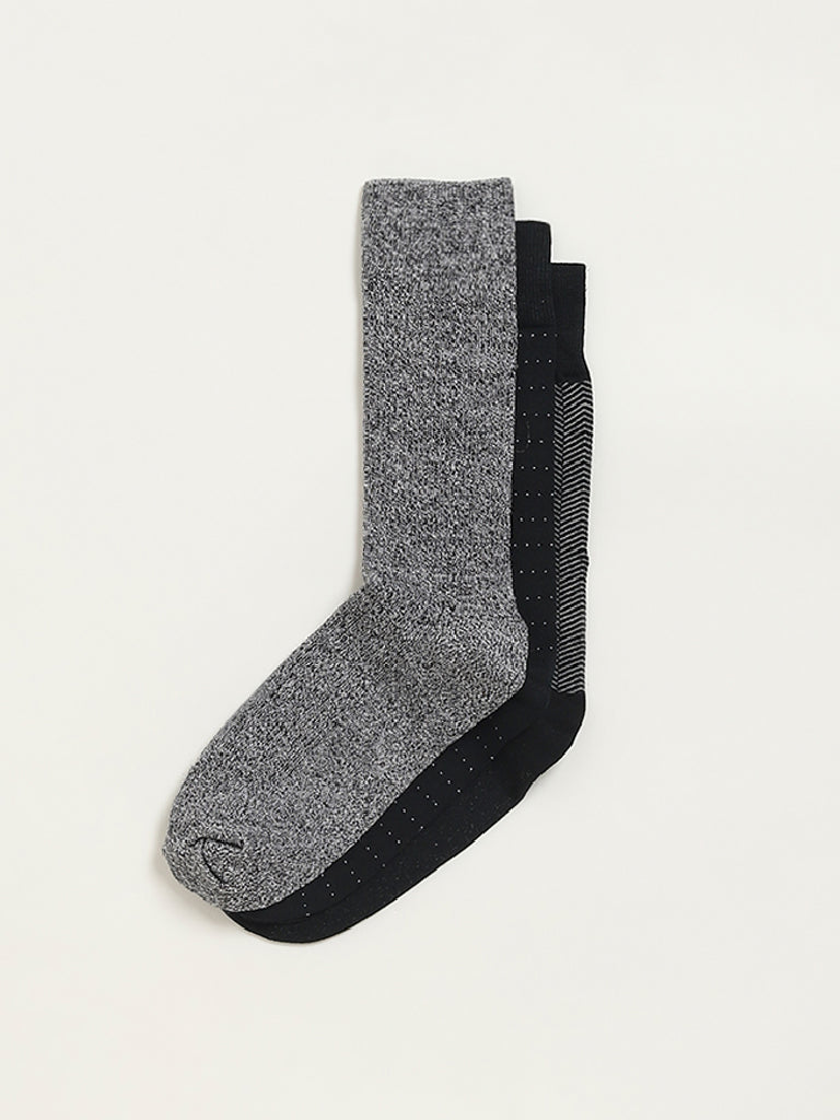WES Lounge Black Printed Cotton-Blend Full Length Socks - Pack of 3 - Image 2