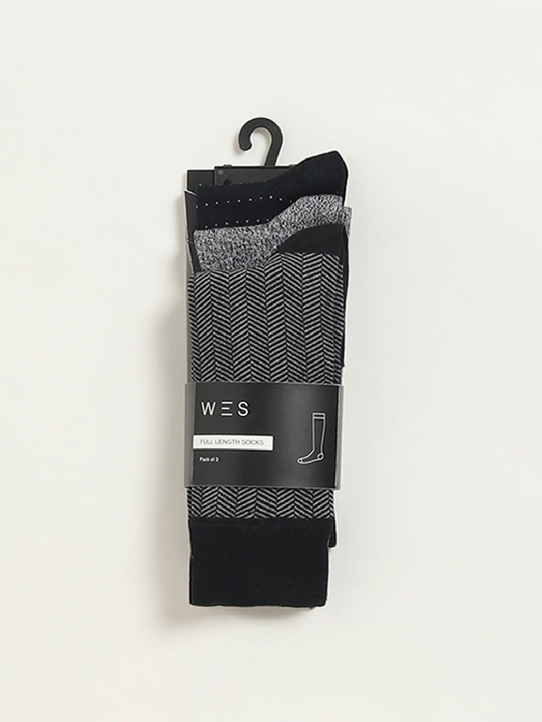 WES Lounge Black Printed Cotton-Blend Full Length Socks - Pack of 3 - Image 3