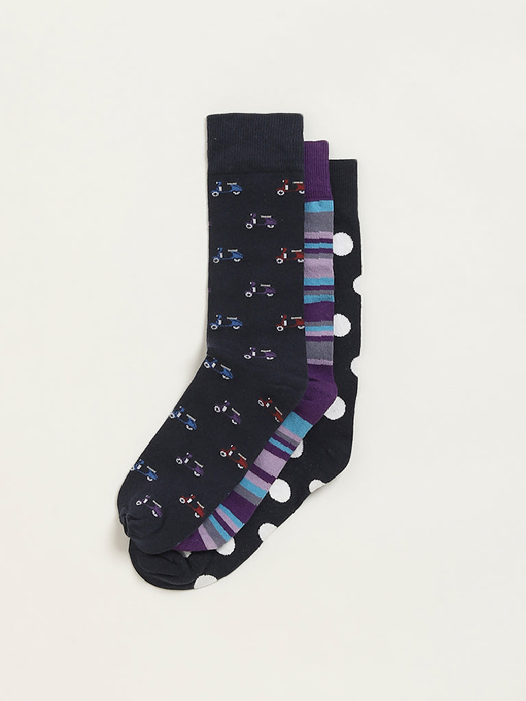 WES Lounge Multicolour Printed Cotton-Blend Full Length Socks - Pack of 3 - Image 2