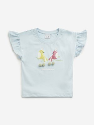 HOP Kids Light Blue Bird Printed Cotton Top
