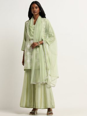 Vark Light Green Embroidered Kurti. Palazzos & Dupatta Set