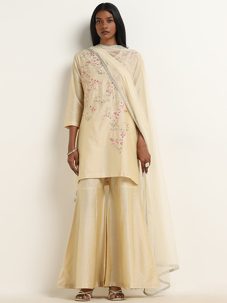 Vark Beige Floral Embroidered Kurti. Gharara & Dupatta Set