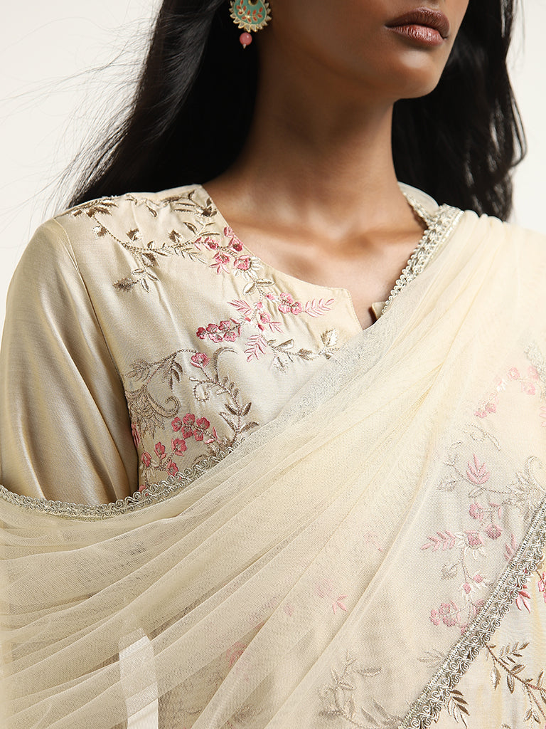 Vark Beige Floral Embroidered Kurti. Gharara & Dupatta Set - Image 3