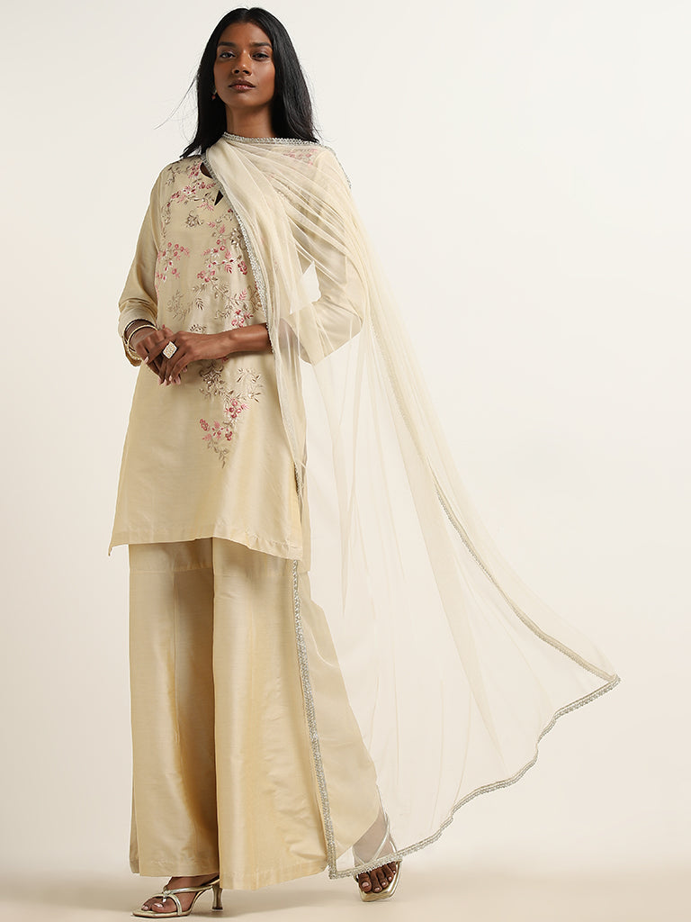Vark Beige Floral Embroidered Kurti. Gharara & Dupatta Set - Image 4
