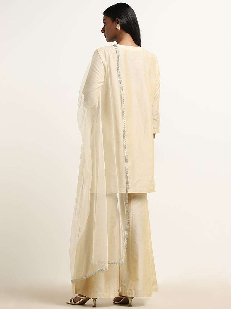 Vark Beige Floral Embroidered Kurti. Gharara & Dupatta Set - Image 5