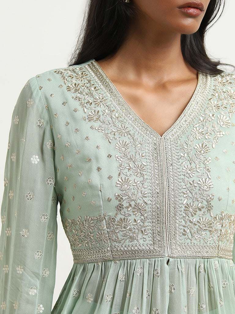 Vark Sage Floral Embroidered Ethnic Top With Palazzos Set - Image 3