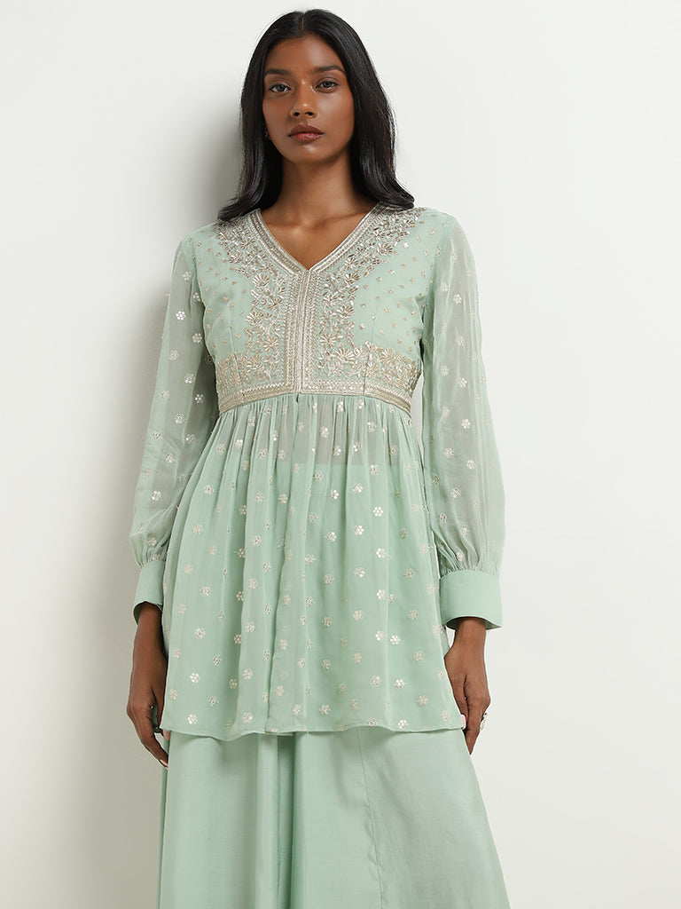 Vark Sage Floral Embroidered Ethnic Top With Palazzos Set - Image 4