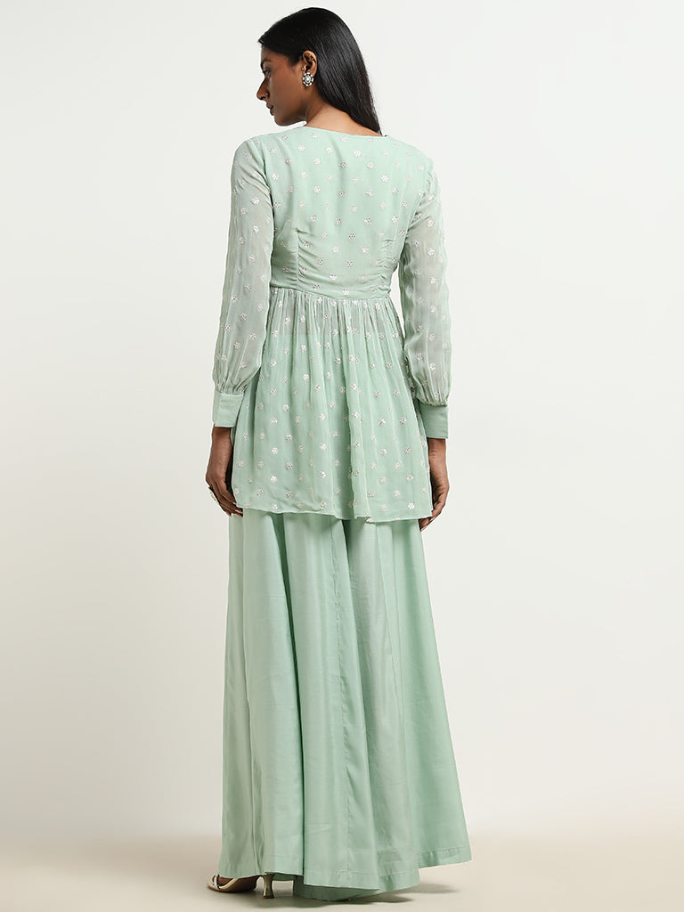 Vark Sage Floral Embroidered Ethnic Top With Palazzos Set - Image 5