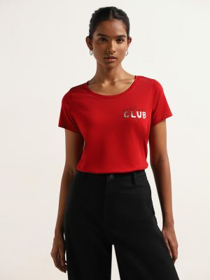 LOV Red Printed Cotton T-Shirt