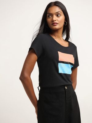 LOV Black Printed Cotton T-Shirt