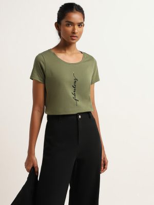 LOV Green Printed Cotton T-Shirt