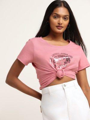 LOV Pink Printed Cotton T-Shirt