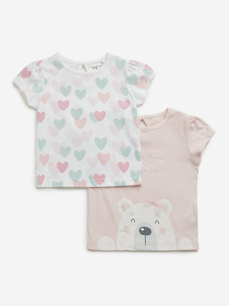 HOP Baby Pink Printed Cotton Tops - Pack of 2
