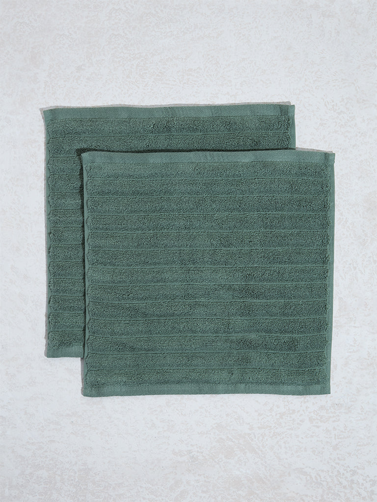 Westside Home Dark Green Self-Striped Luxe Ripple Face Towels (Set of 2) - Image 2