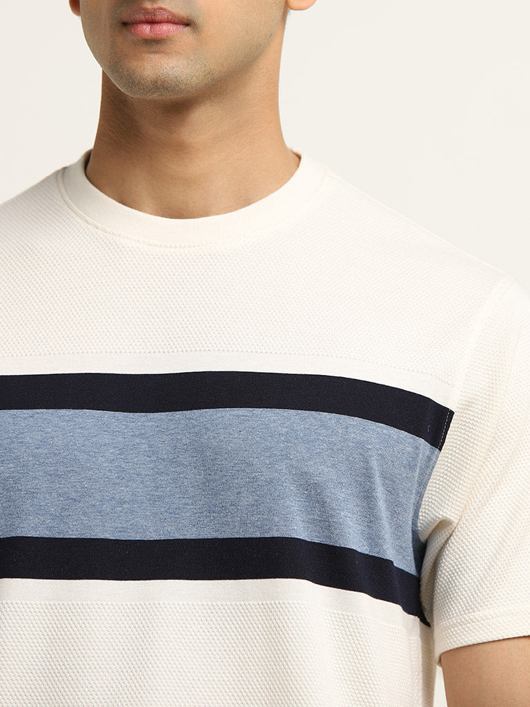 WES Lounge White Stripe Printed Cotton T-Shirt - Image 2