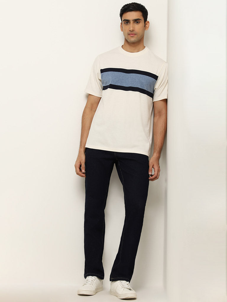 WES Lounge White Stripe Printed Cotton T-Shirt - Image 3
