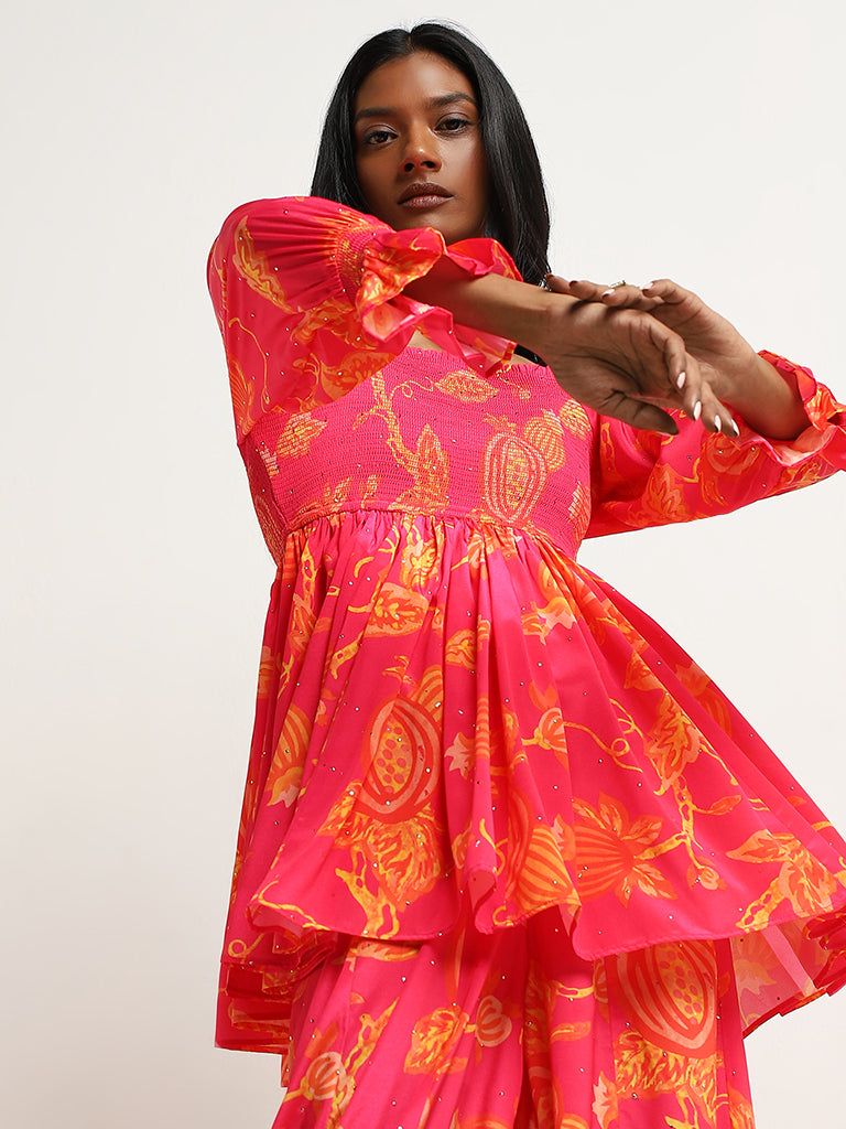 Vark Dark Pink Floral Peplum Top Set - Image 4