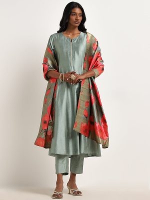 Vark Sage Floral A-Line Kurta. Pants & Dupatta Set