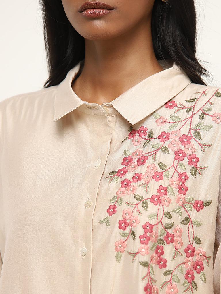 Vark Beige Floral Embroidered Straight Tunic With Pants Set - Image 2