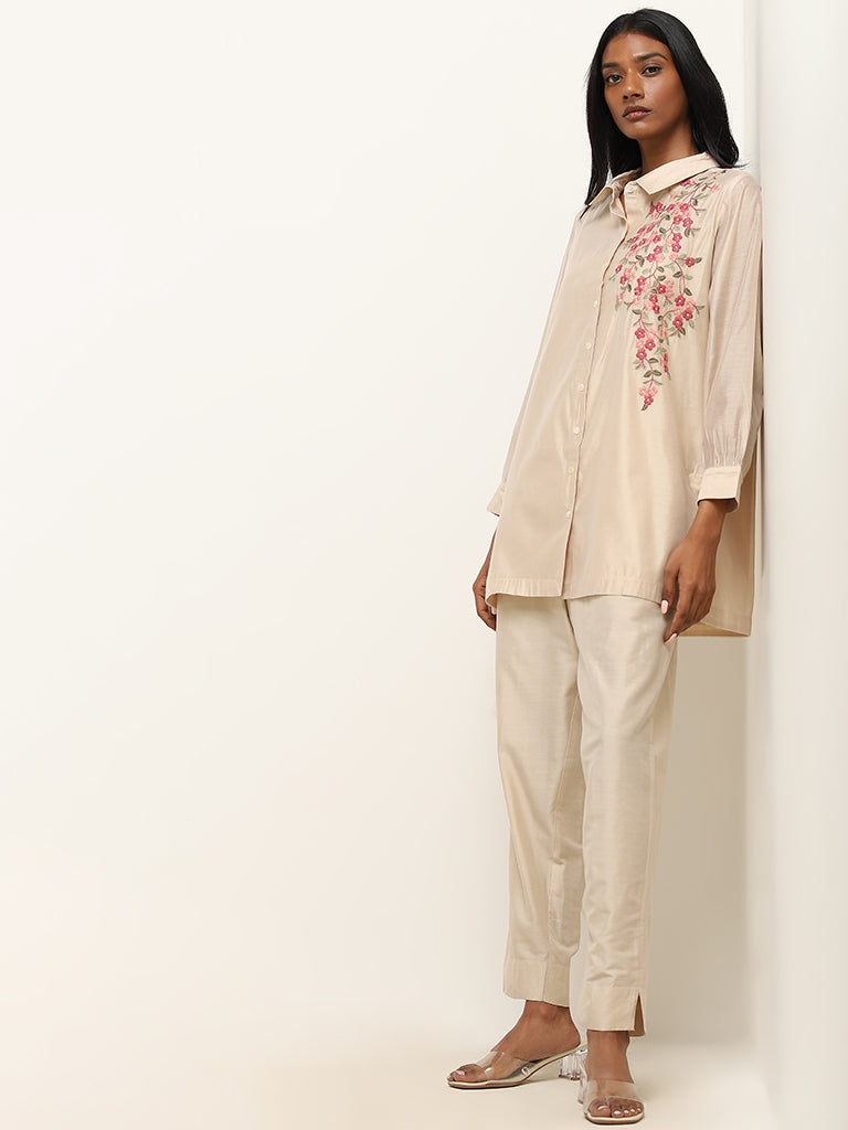 Vark Beige Floral Embroidered Straight Tunic With Pants Set - Image 3