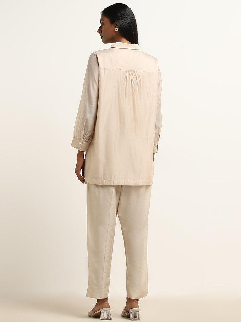 Vark Beige Floral Embroidered Straight Tunic With Pants Set - Image 4