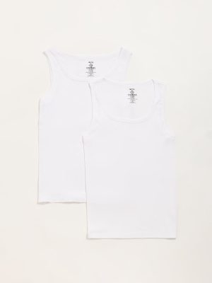 WES Lounge White Ribbed Cotton Vests - Pack of 2