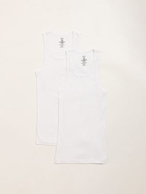 WES Lounge White Sleeveless Cotton Vests - Pack of 2