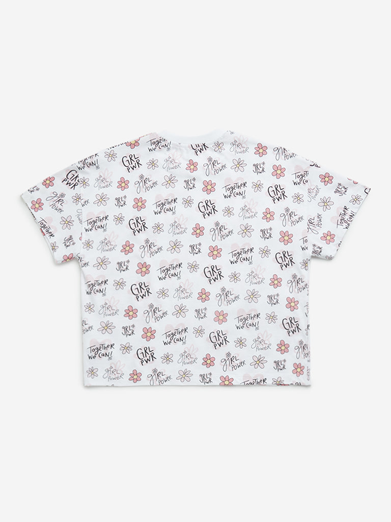 Y&F Kids White Floral Printed Cotton T-Shirt - Image 3