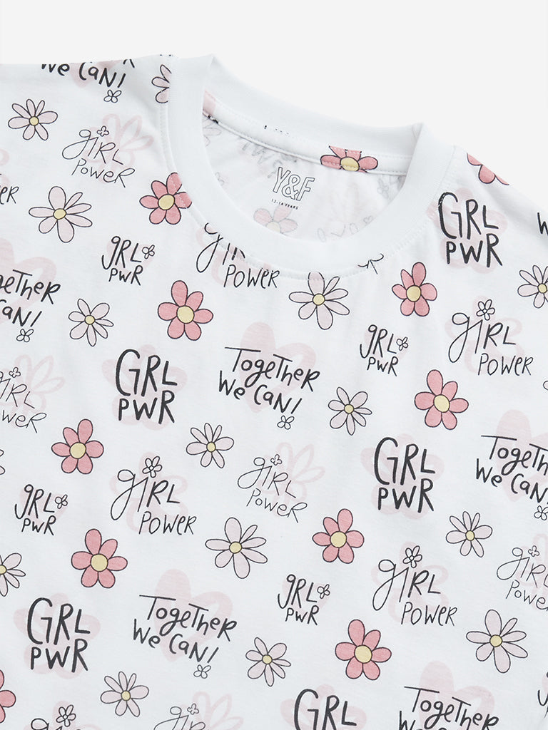 Y&F Kids White Floral Printed Cotton T-Shirt - Image 4