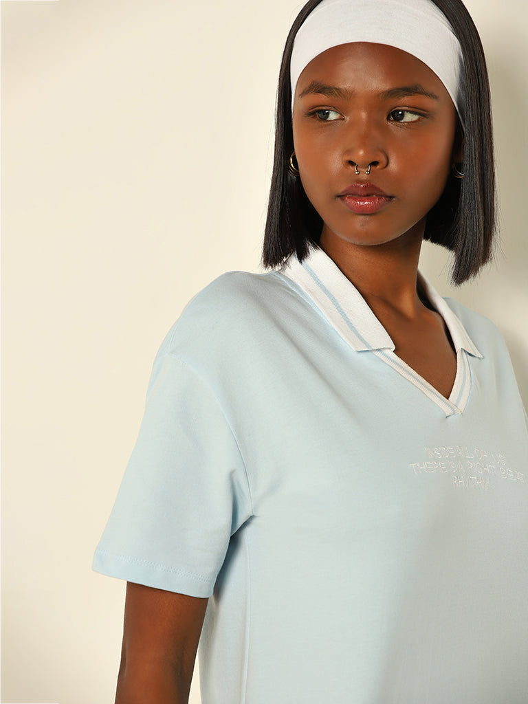 Studiofit Light Blue Text Design Collared Cotton T-Shirt - Image 2