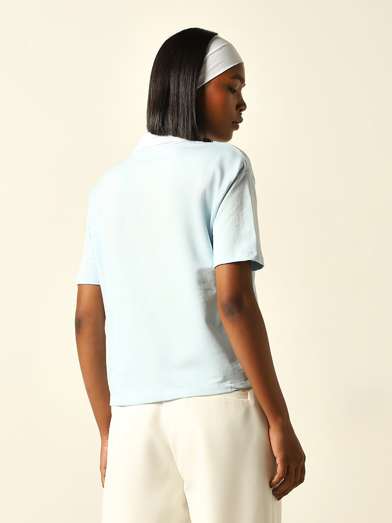 Studiofit Light Blue Text Design Collared Cotton T-Shirt - Image 4