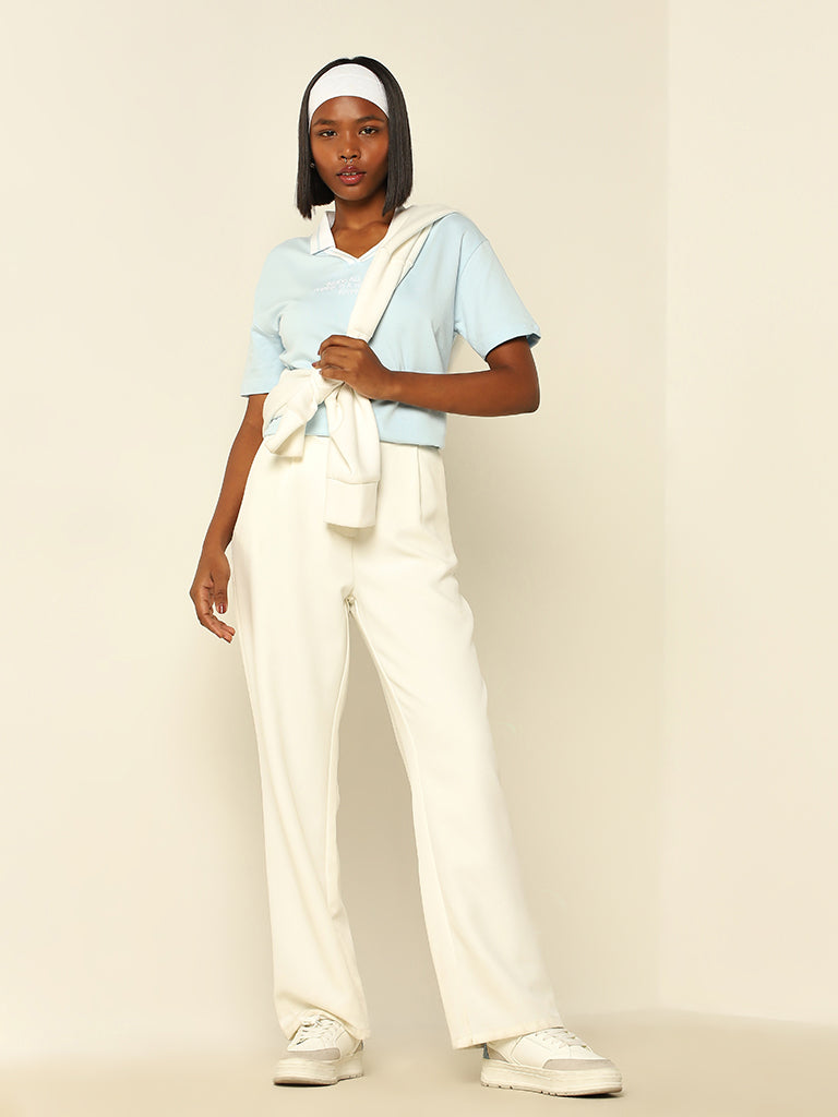 Studiofit Light Blue Text Design Collared Cotton T-Shirt - Image 5