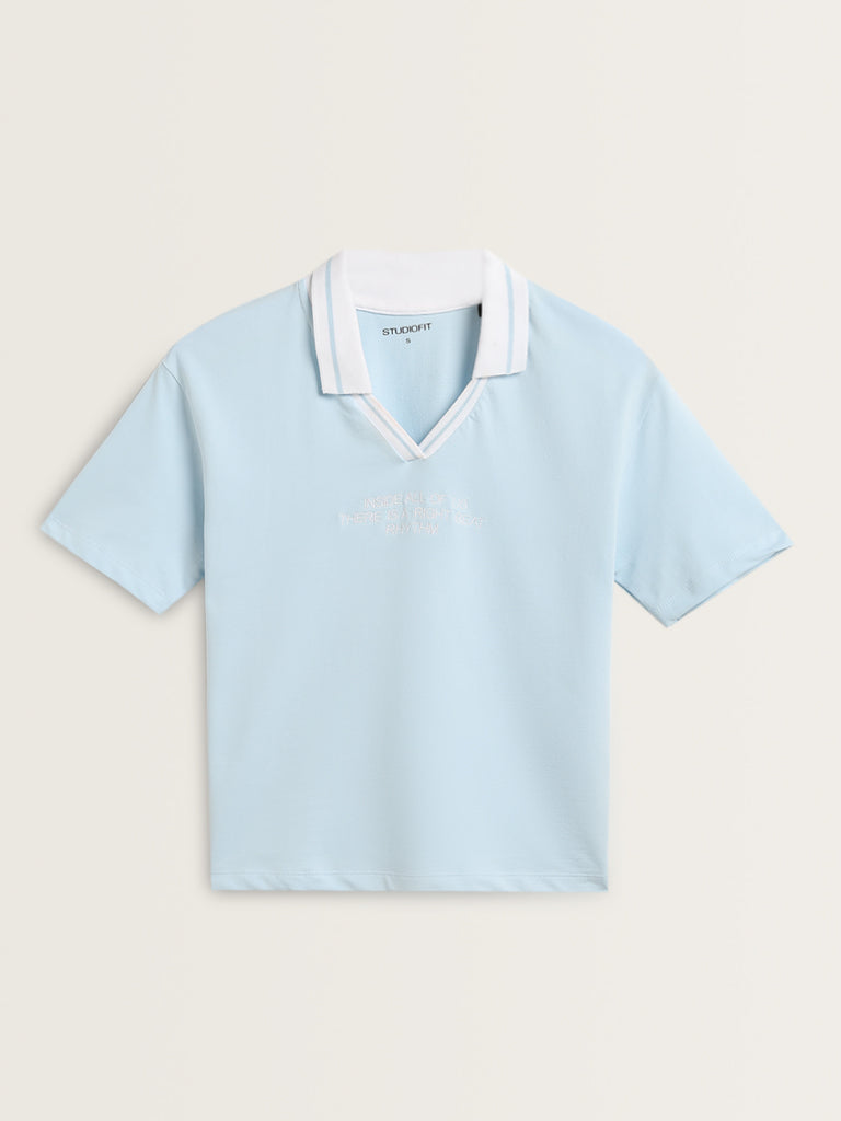 Studiofit Light Blue Text Design Collared Cotton T-Shirt - Image 7