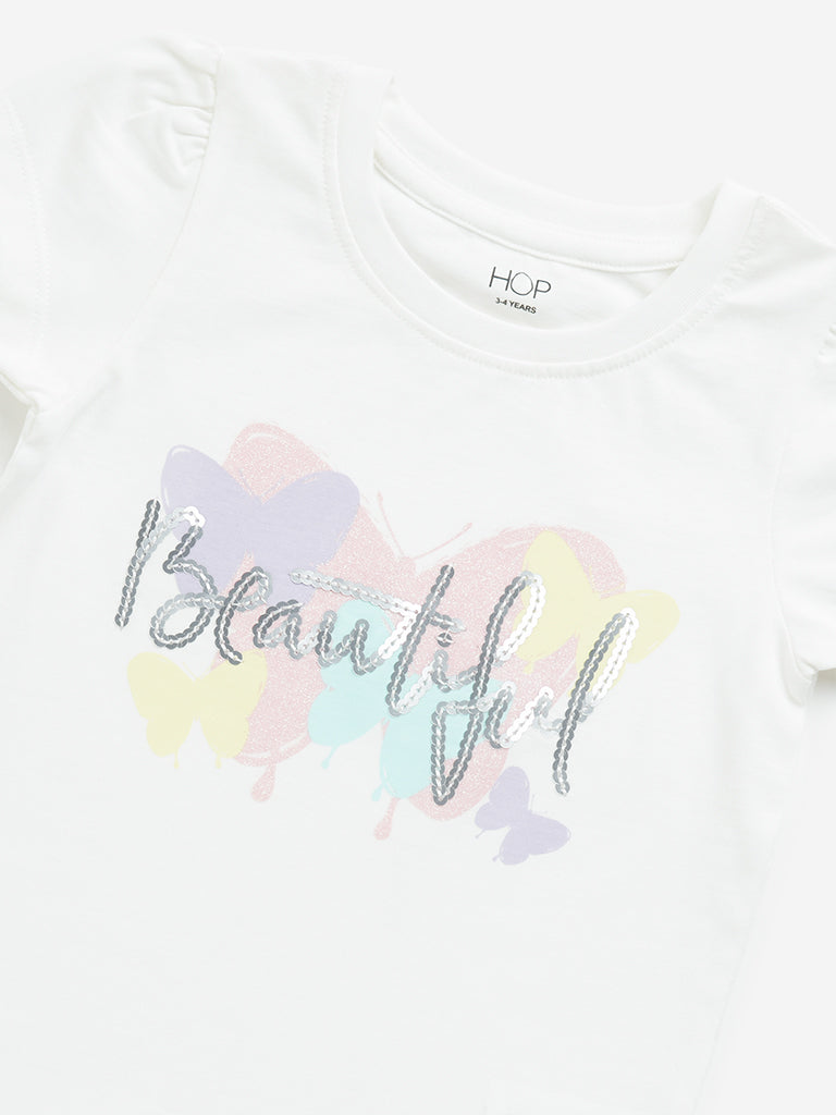 HOP Kids White Text Sequin Design Cotton T-Shirt - Image 4