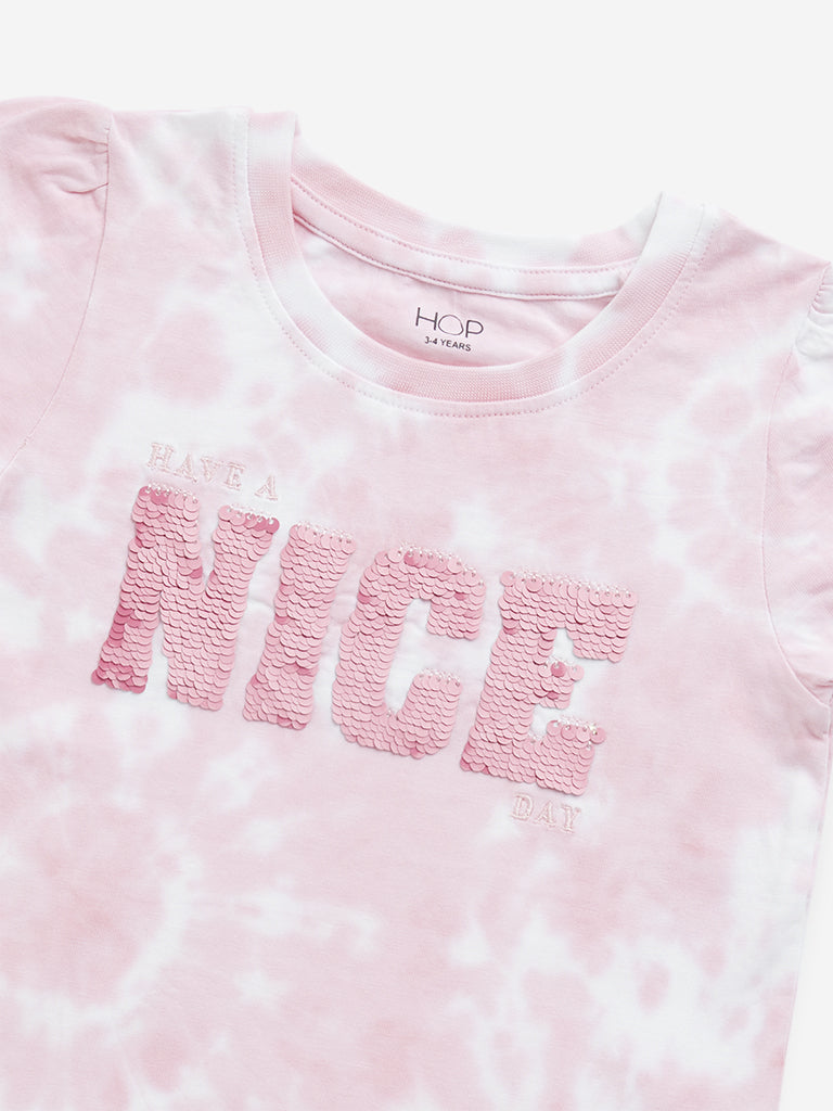 HOP Kids Pink Typographic Tie-Dye Printed Cotton T-Shirt - Image 4
