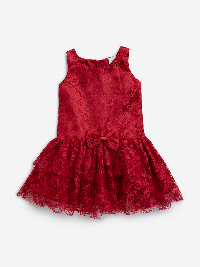 HOP Kids Red Lace Embroidered A-Line Dress