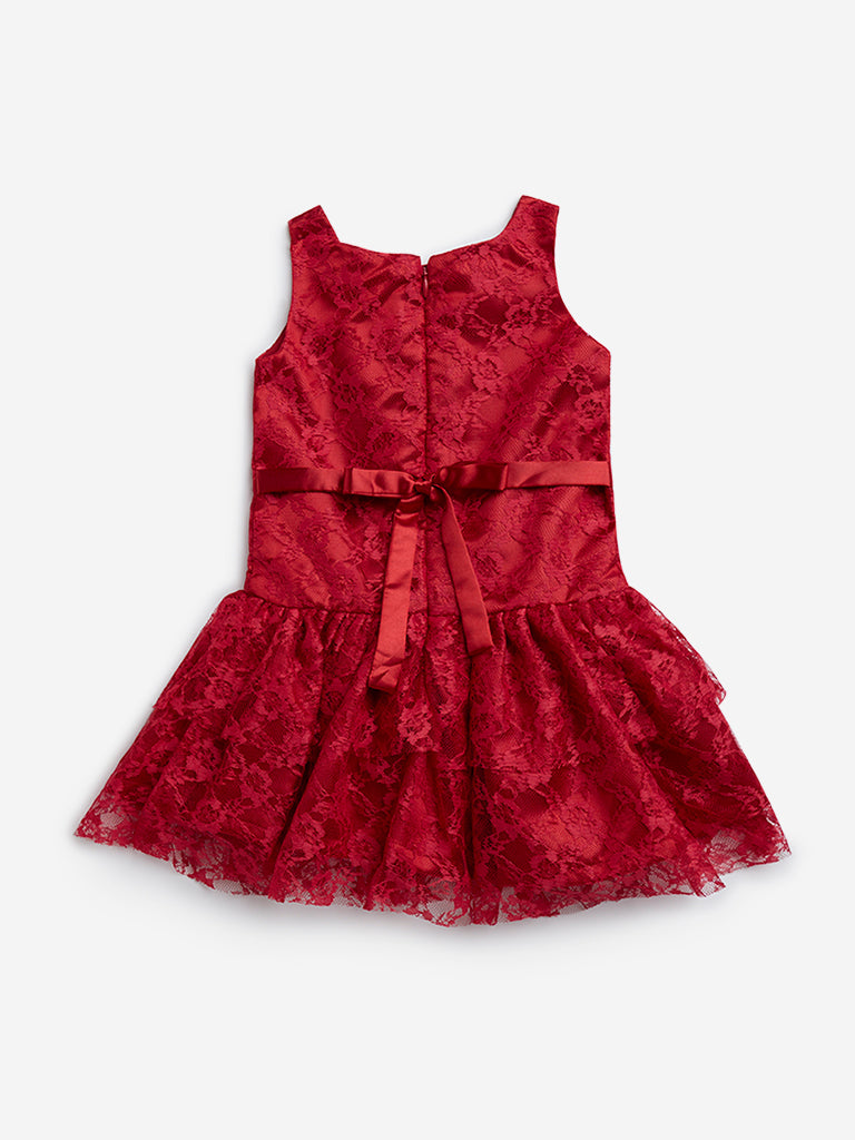HOP Kids Red Lace Embroidered A-Line Dress - Image 2