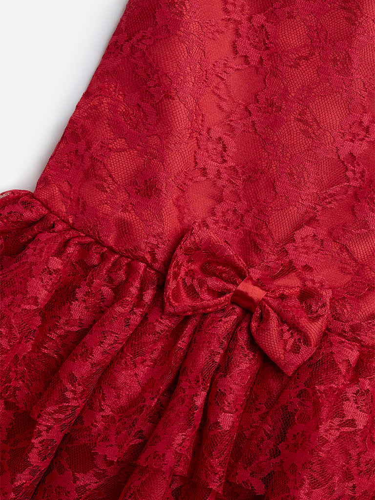 HOP Kids Red Lace Embroidered A-Line Dress - Image 3