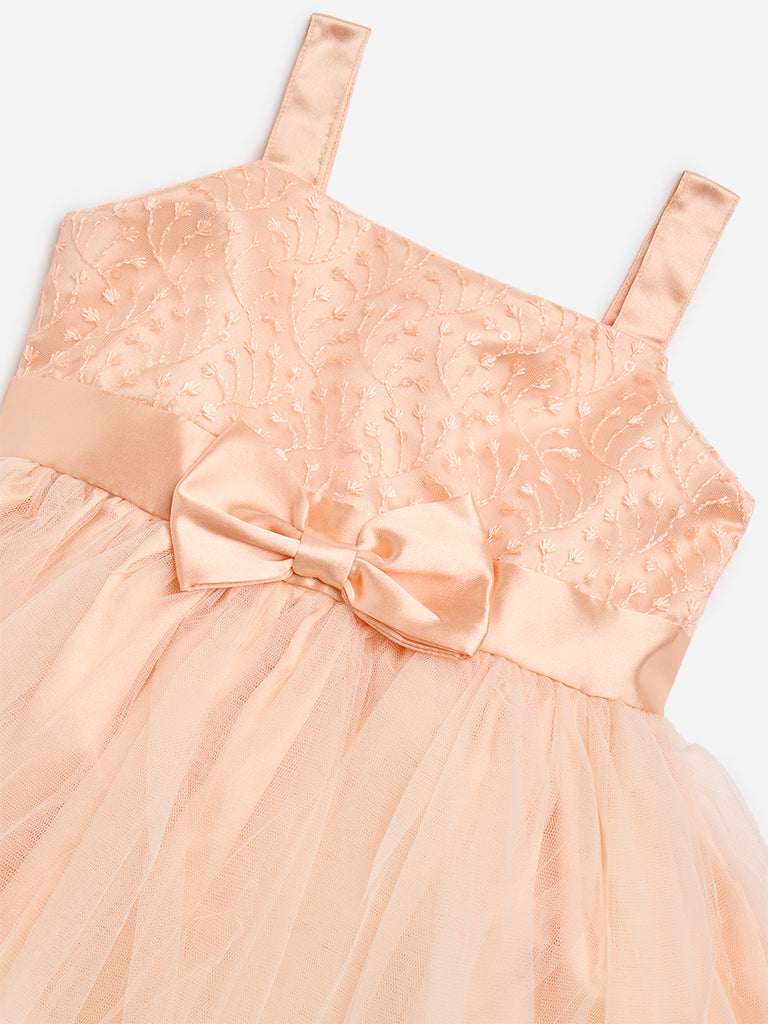 HOP Baby Peach Floral Embroidered Party Dress - Image 3
