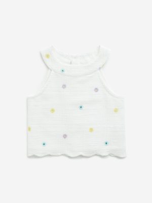 HOP Kids Off-White Floral Embroidered Cotton Top