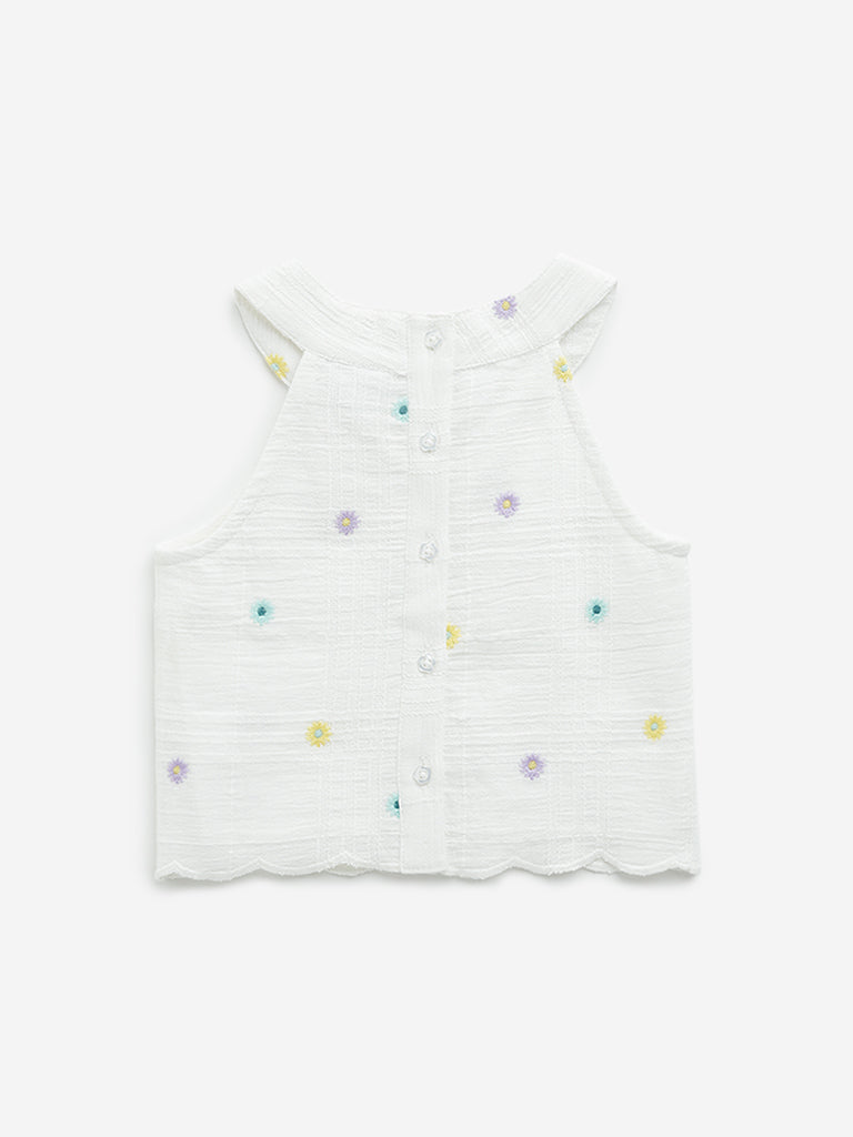 HOP Kids Off-White Floral Embroidered Cotton Top - Image 2