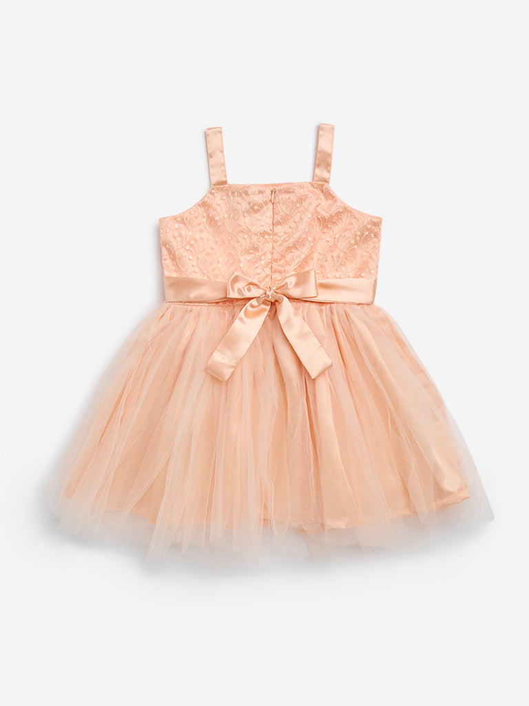 HOP Kids Peach Floral Embroidered Party Dress - Image 2