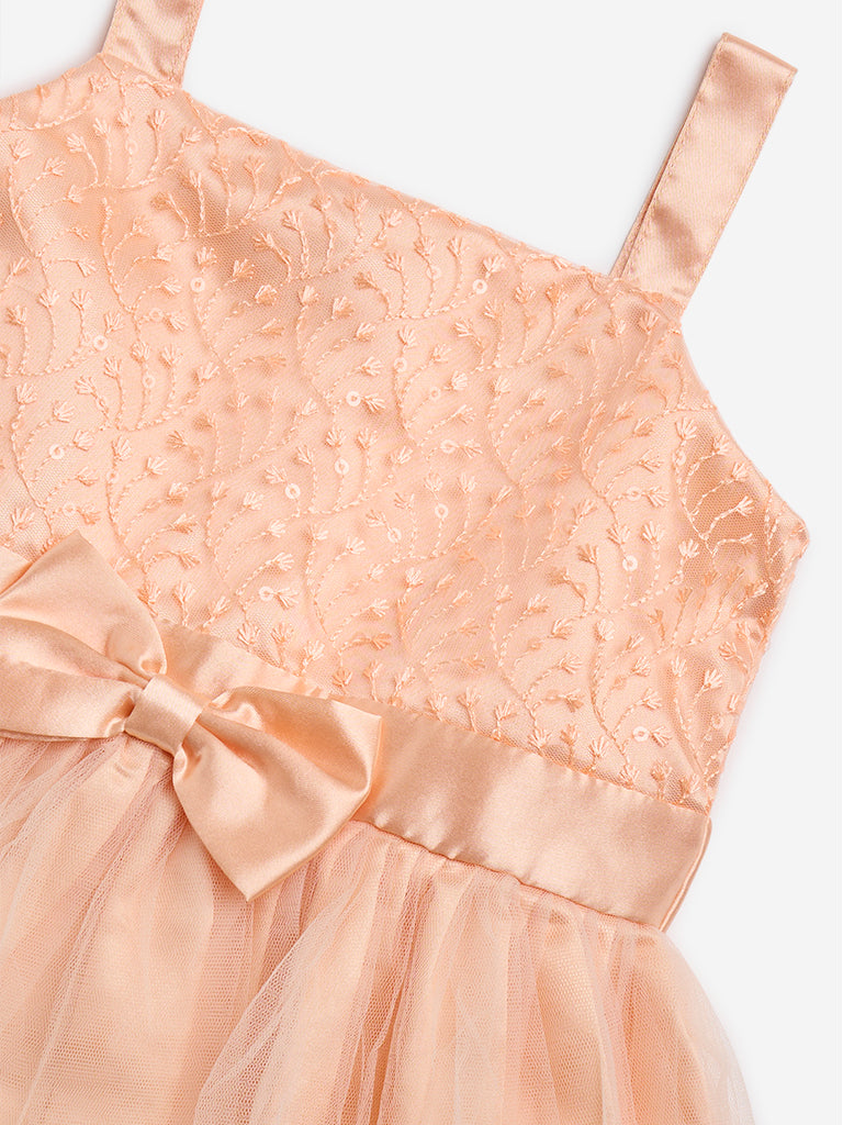 HOP Kids Peach Floral Embroidered Party Dress - Image 3