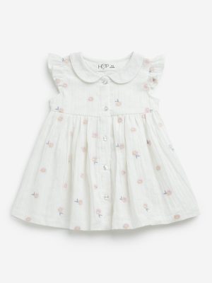 HOP Baby White Floral Embroidered A-Line Cotton Dress