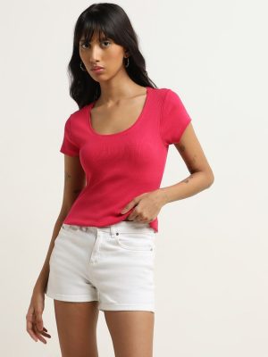 Nuon Pink Ribbed Textured Cotton-Blend T-Shirt