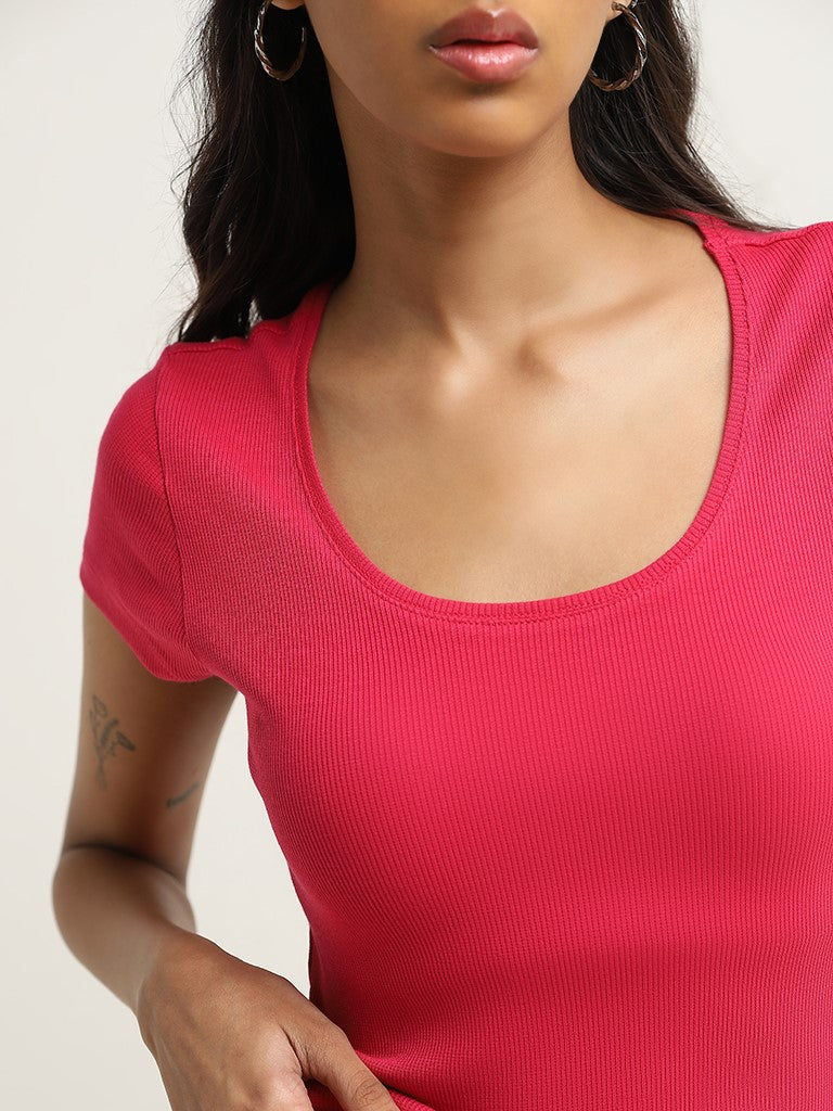 Nuon Pink Ribbed Textured Cotton-Blend T-Shirt - Image 2