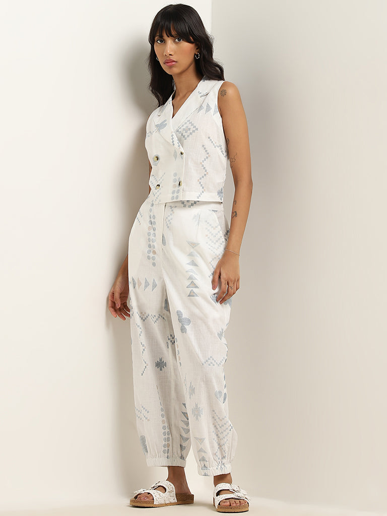 Bombay Paisley Off-White Printed Waistcoat-Style Cotton Top - Image 3